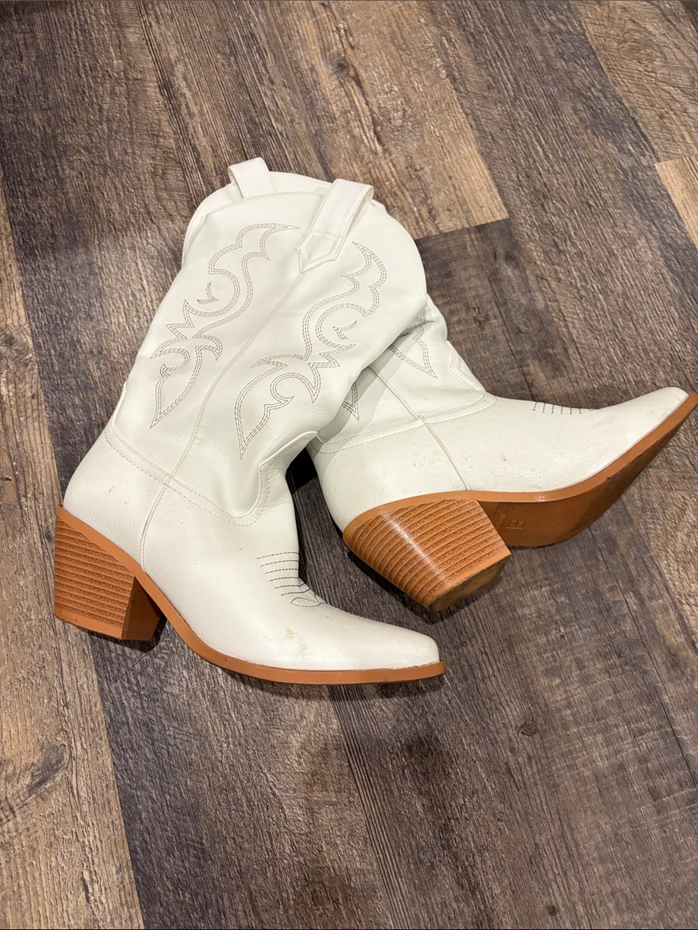 White Western Block Heel Cowboy Boots for Women